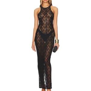 Miscreants London Tanya Black Sheer Lace Maxi Dress NWT UK 14 US 10